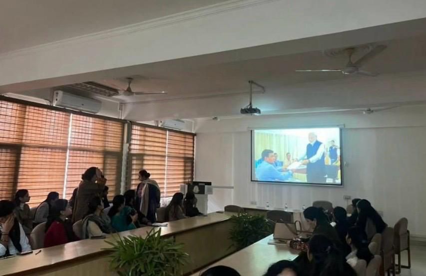 Students viewing the documentary on Indian elections at the Political Science Fest.